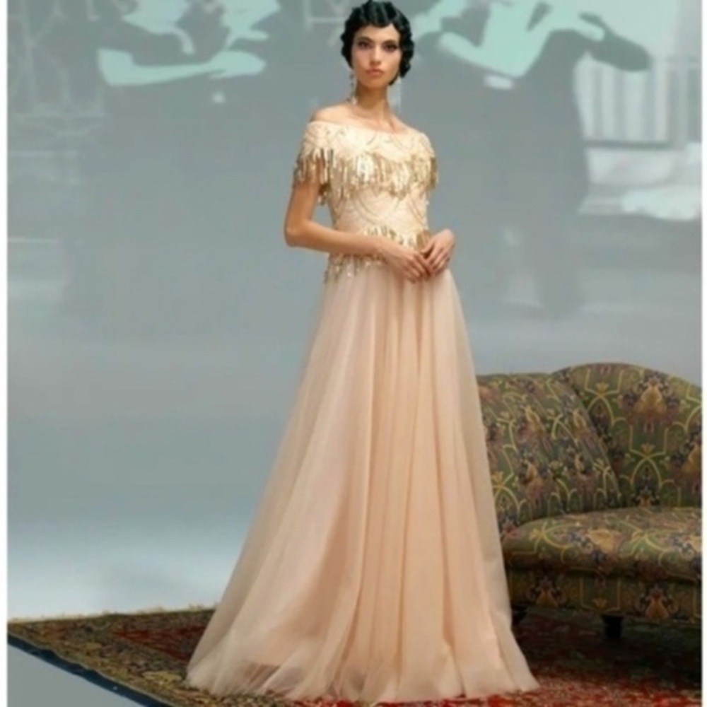 NWT TADASHI SHOJI SEQUIN OFF THE SHOULDER TULLE
GOWN IN PEACH BLOSSOM SZ 8